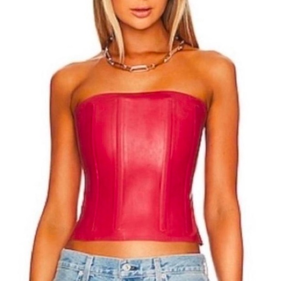 Miaou Tops - Miaou Red Strapless Leather-Look Corset Crop Top